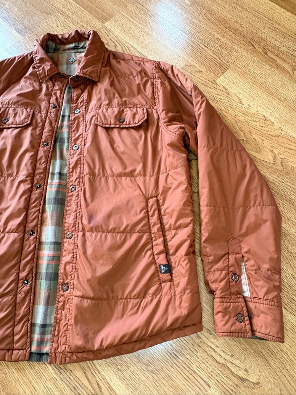 prAna Breathe Reversible Quilted Plaid Shirt Jacket Shacket Orange Flannel M - Picture 5 of 11